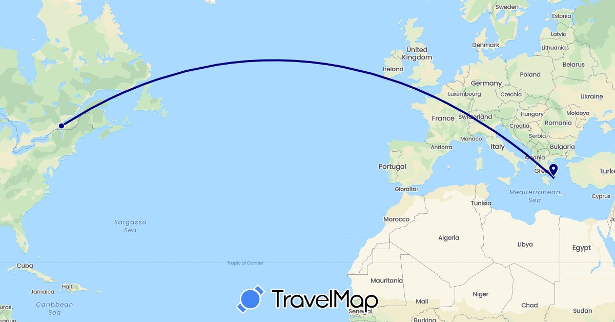 TravelMap itinerary: driving in Canada, Greece (Europe, North America)